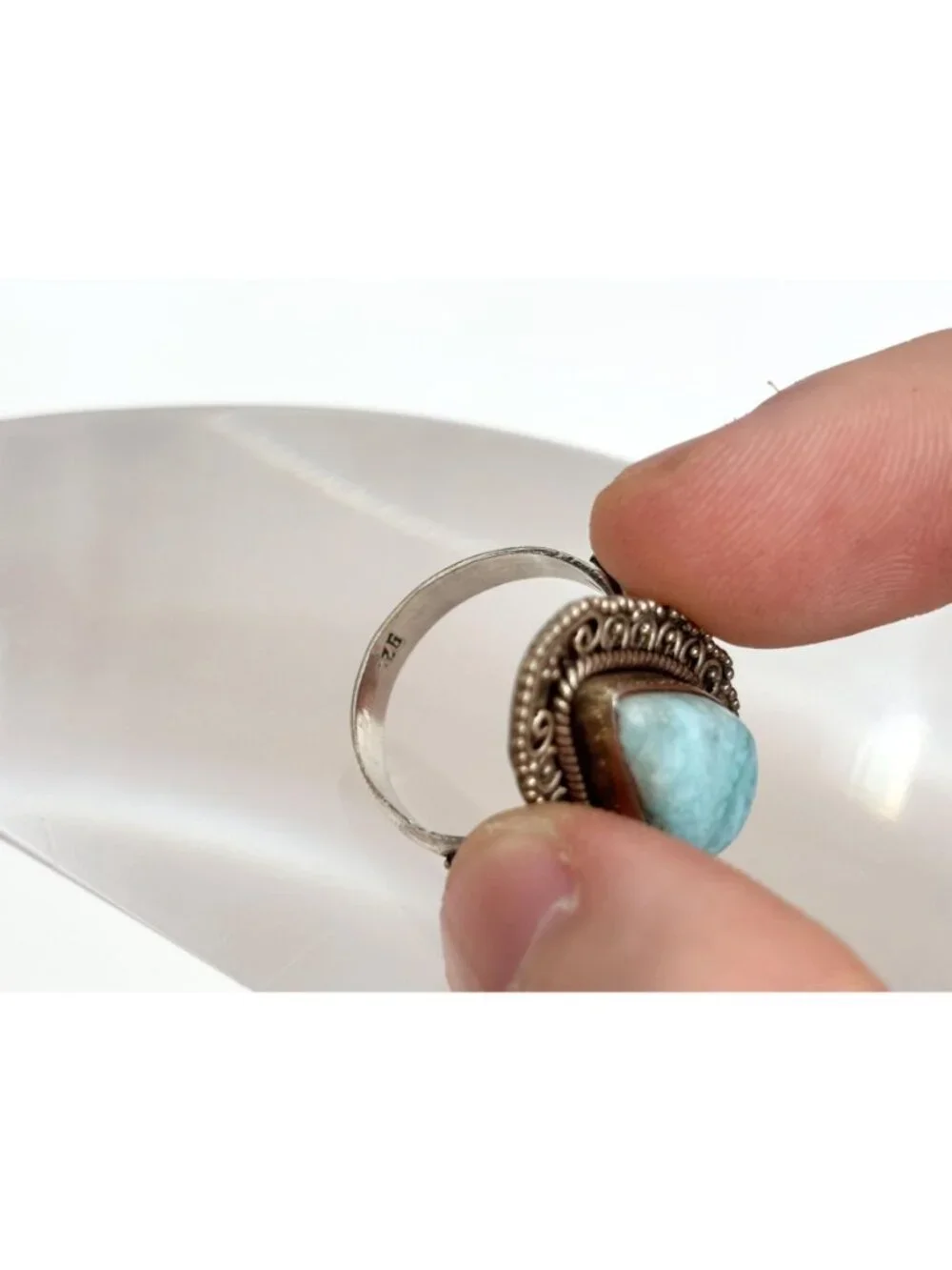 Blue Larimar Gemstone Scalloped Oxidized Sterling Silver 925 Vintage Ring - sz 8